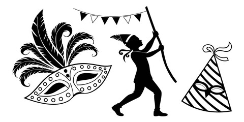 A festive figure with a flag and a feathered headdress stands joyfully. Vector © rabby