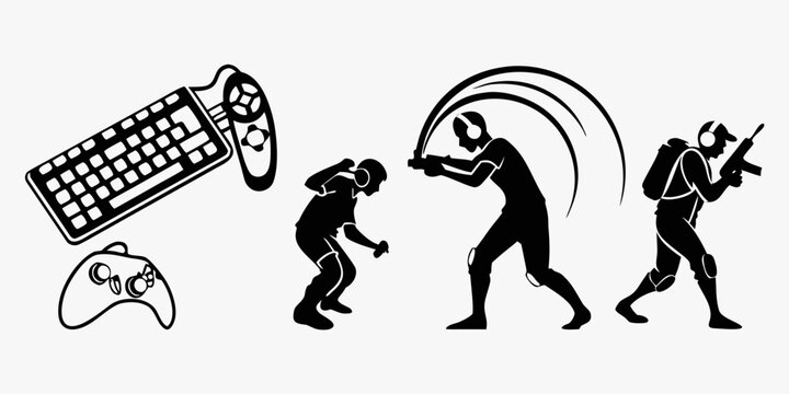 Illustration of a person using various input devices to control a robot. Vector