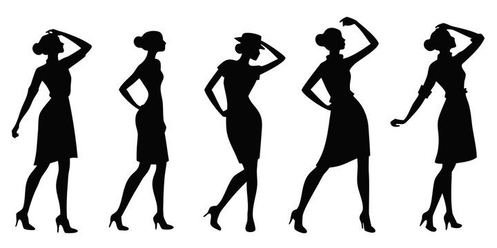 Five silhouettes of women dancing in a line, showcasing various dance moves Vector