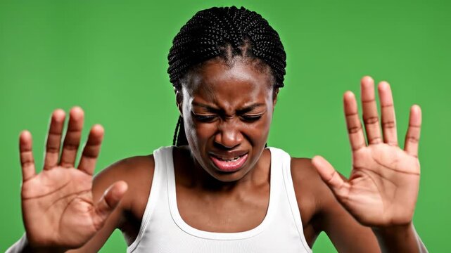 Woman feeling nauseous or sick on green background