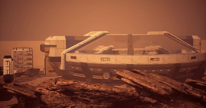 Two exploration vehicles are parked next to a habitat module on the Martian surface, surrounded by red dust and rocky formations, highlighting advancements in space exploration technology.