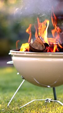 Burning Firewood in BBQ grill with Flames. Vertical