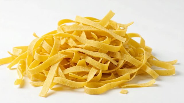 italian dry yellow fettuccine pasta noodles isolated on a white background video orbit left