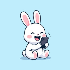 A charming vector illustration featuring a cute rabbit happily focused on its smartphone, creating a fun and modern daily-life moment.
