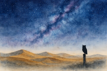 Fototapeta premium A serene landscape of a dark owl perched on a post under a starry night sky mountains in the distance. Owl and Karbala Concept