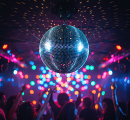 Vibrant disco party with shiny mirror ball and dancing crowd