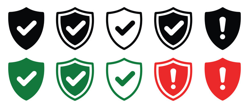Shield Icon vector illustration with checkmarks and exclamation marks, minimal protection and alert symbols