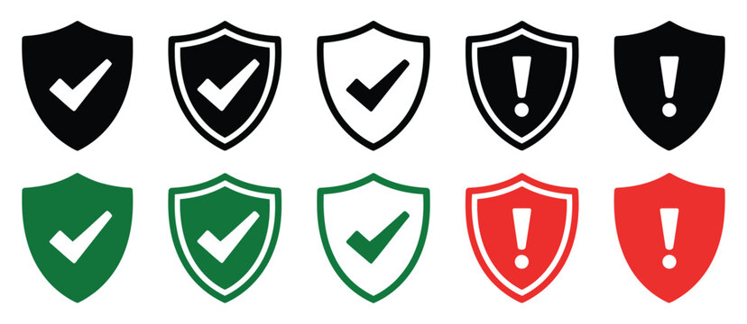 Shield Icon vector illustration with checkmarks and exclamation marks, minimal protection and alert symbols