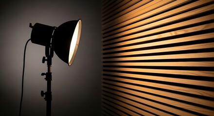 A studio light shines on a wall with horizontal wooden slats.
