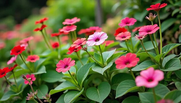 A backyard garden filled with mature vinca plants bearing multiple colorful blooms 