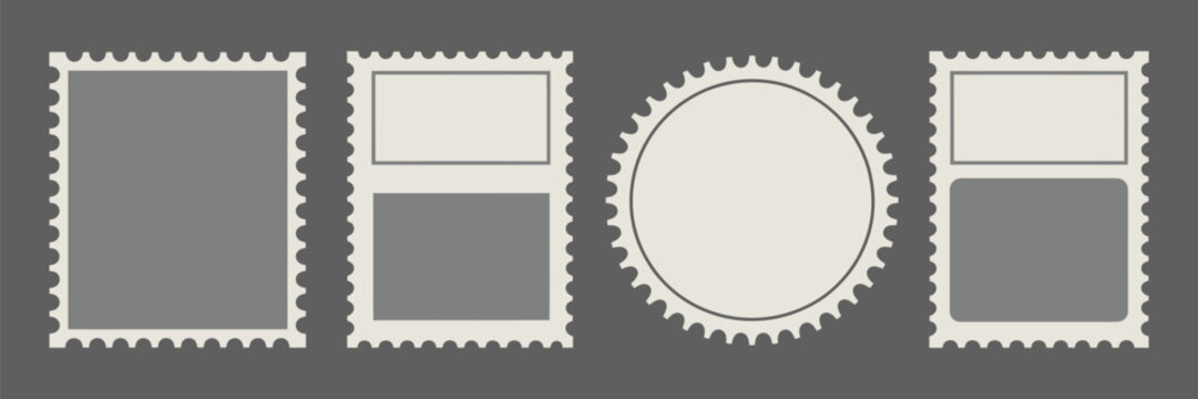 Postage stamps collection with blank postcard and letter stamp templates, vintage post stamp frames and decorative borders with copy space for mail design, invitations, branding, and retro stationery 