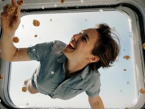 Person trying to eat floating breakfast in zero gravity room