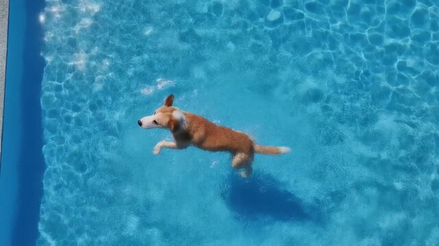 A dog swimming playfully in a crystal clear pool on a sunny day. The dog is enjoying the refreshing water