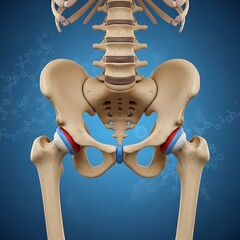 Detailed illustration of the human pelvis and hip joint anatomy.