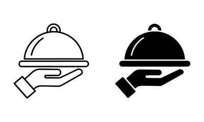 Fototapeta premium Food Service Tray Icon. Hand Holding Serving Dome Cloche in Outline and Solid Vector