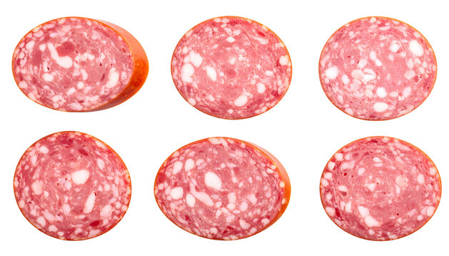 Six round salami slices with a visible red casing, each displaying a marbled pattern
