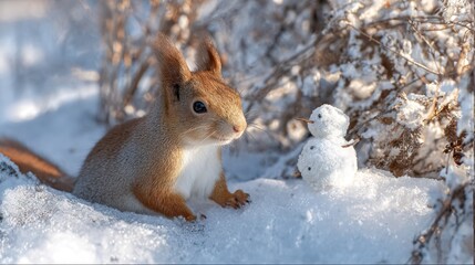 Cute Red Squirrel Looking at Tiny Snowman in Winter Snow