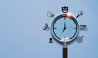 Time management and productivity analysis concept with clock under magnifying glass and business icons. Corporate performance review, scheduling strategy and workflow optimization with copy space.