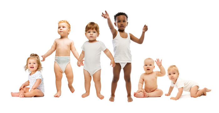 Baby development collage with diverse infants standing sitting and crawling on white. Concept of early childhood growth, inclusivity, parenting resources, pediatric care and baby product advertising.