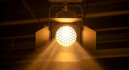 Brightly lit stage spotlight with glowing particles creating a dramatic effect