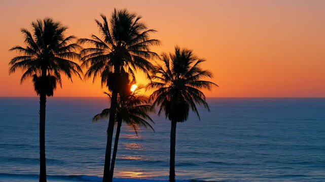 Serene southern california sunset scene with palm trees silhouetted against vibrant orange sky over calm ocean waters