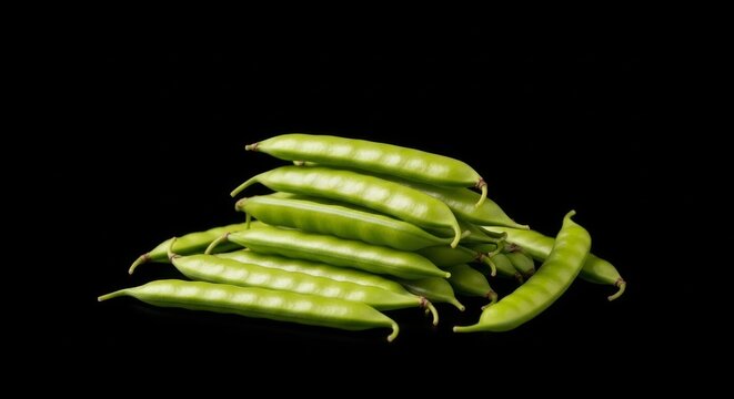 Heap of fresh green cluster beans on black background