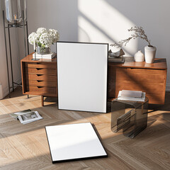 Plakat Modern Living Room Poster Frame Mockup with Natural Light and Minimalist Decoration. 3D render.