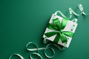 Gift box decorated with green satin ribbons on a green background