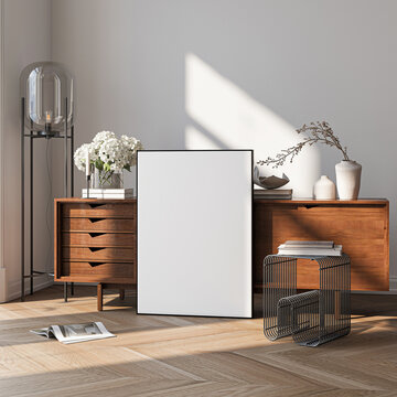 Modern Living Room Poster Frame Mockup with Natural Light and Minimalist Decoration. 3D render.