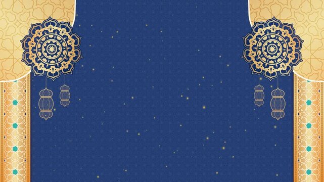 Luxury Ramadan background featuring a deep navy blue gradient with elegant golden Islamic geometric ornaments and soft glowing light effects