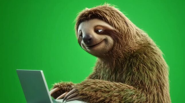A charming and happy sloth character diligently working on a modern laptop computer, bringing a touch of whimsical productivity to the digital world with a bright smile