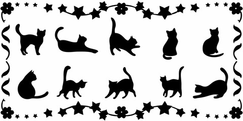 Black silhouettes of cats arranged within a star shaped border © Ankan
