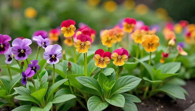 A backyard garden filled with mature viola plants bearing multiple colorful blooms 