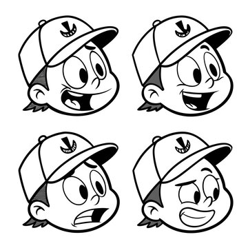Five expressive cartoon characters wearing baseball caps in various emotional states Vector