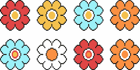 A row of colorful pixelated flowers in a repeating pattern
