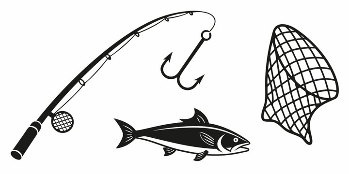 A fishing rod, hook, lure, and net with a fish illustration. Vector