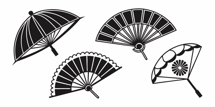 Four traditional japanese fans with intricate black and white designs Vector