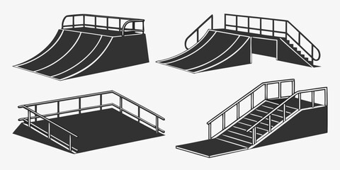 A series of illustrations showcasing various skateboard ramp designs and configurations Vector © Rabbi