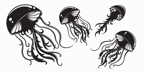 A group of jellyfish gracefully swimming in the deep blue ocean. Vector © Rabbi