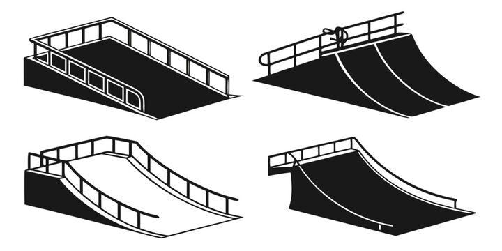 Four distinct skateboard ramp designs showcased in a black and white illustration Vector