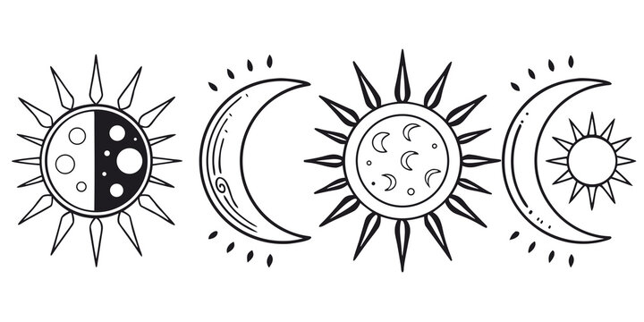 Crescent moon phases with a sun and a star in a circular pattern Vector