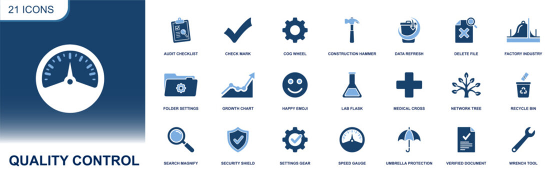Quality control icon set. Containing audit checklist, check mark, inspection, settings, data refresh, growth chart, lab test, safety shield, verified document, recycle, and more. Solid fill vector ico