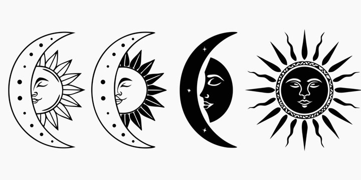 Celestial bodies transitioning from new moon to full sun with radiant rays Vector