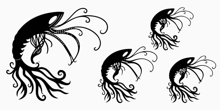 Four abstract black and white illustrations of shrimp-like creatures with swirling tails Vector