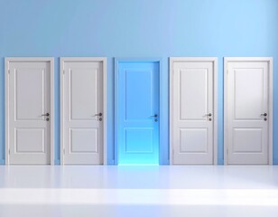Row of white doors and a blue door 