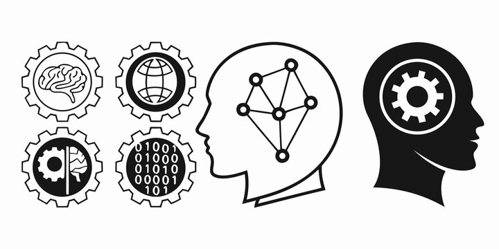 A collection of intricate designs featuring a human head with gears and a graduation cap. Vector