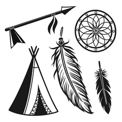 A collection of native american artifacts including a bow, arrow, dreamcatcher, and teepee. Vector © Rabbi
