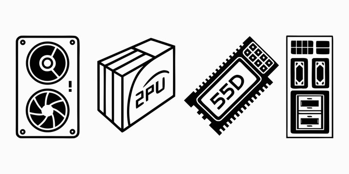 Illustration of computer hardware components including a cpu cooler, power supply, ssd, and ram. Vector