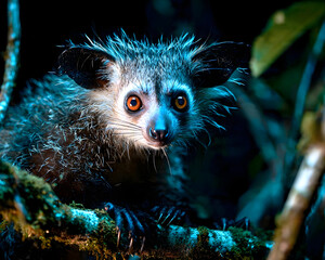 Fototapeta premium Adorable aye-aye lemur perched on tree branch in dark forest at night