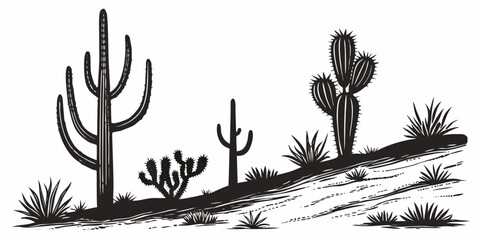 A serene desert landscape featuring three distinct cacti silhouettes. Vector © Rabbi